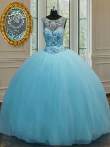 Low Price Scoop Sleeveless Floor Length Beading Lace Up Quinceanera Dresses with Baby Blue