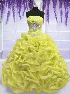 Best Selling Floor Length Yellow Green Quinceanera Dresses Organza Sleeveless Beading