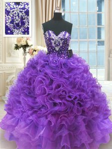 Ideal Sweetheart Sleeveless Lace Up Sweet 16 Dresses Purple Organza