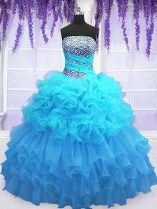 Trendy Pick Ups Ruffled Floor Length Ball Gowns Sleeveless Aqua Blue Sweet 16 Dress Lace Up