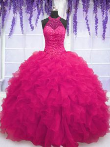 Graceful Hot Pink Ball Gowns High-neck Sleeveless Organza Floor Length Lace Up Beading and Ruffles Ball Gown Prom Dress