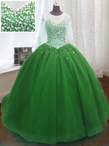 Simple Scoop Green Long Sleeves Beading and Sequins Lace Up Ball Gown Prom Dress