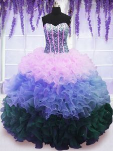 Multi-color Sweetheart Neckline Beading and Ruffles and Ruffled Layers 15th Birthday Dress Sleeveless Lace Up