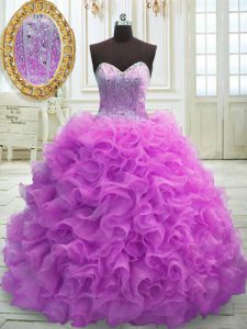 Lilac Sweetheart Lace Up Beading and Ruffles Quince Ball Gowns Sweep Train Sleeveless