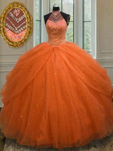 Halter Top Tulle Sleeveless Floor Length 15th Birthday Dress and Beading