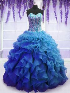 Luxurious Sleeveless Floor Length Beading and Ruffles Lace Up 15 Quinceanera Dress with Blue