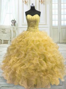 Light Yellow Sweetheart Lace Up Beading and Ruffles Quinceanera Dresses Sleeveless