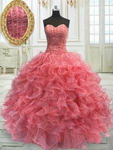 Clearance Watermelon Red Organza Lace Up Sweetheart Sleeveless Floor Length 15 Quinceanera Dress Beading and Ruffles