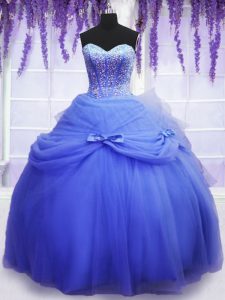 Custom Fit Tulle Sweetheart Sleeveless Lace Up Beading and Bowknot 15 Quinceanera Dress in Blue