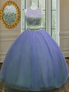 Ideal Lavender Two Pieces Tulle Scoop Sleeveless Ruffled Layers and Sashes ribbons Floor Length Zipper Quinceanera Gown