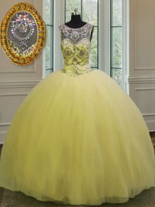 Light Yellow Backless Scoop Beading and Appliques 15 Quinceanera Dress Tulle Sleeveless