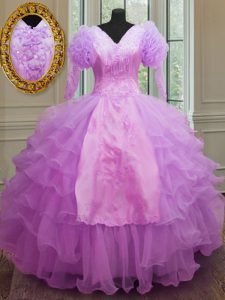 Fine Lilac Ball Gowns Ruffled Layers 15 Quinceanera Dress Zipper Organza Long Sleeves Floor Length