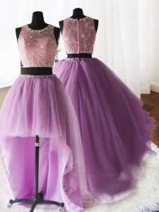Free and Easy Three Piece Scoop Lilac Sleeveless Brush Train Beading and Lace and Ruffles With Train Sweet 16 Dress