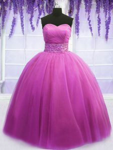 Custom Designed Lilac Ball Gowns Beading and Belt Sweet 16 Dress Lace Up Tulle Sleeveless Floor Length