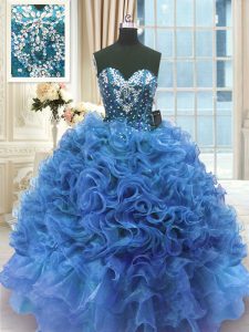 Gorgeous Blue Lace Up Ball Gown Prom Dress Beading and Ruffles Sleeveless Floor Length
