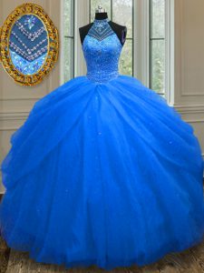 Exceptional Halter Top Royal Blue Sleeveless Beading Floor Length Quinceanera Gown