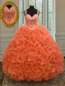 Orange Red Ball Gowns Straps Sleeveless Organza Floor Length Zipper Beading and Ruffles Ball Gown Prom Dress