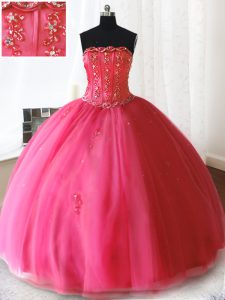 Graceful Hot Pink Tulle Lace Up Strapless Sleeveless Floor Length 15th Birthday Dress Beading and Appliques