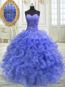 Dynamic Floor Length Lace Up Sweet 16 Quinceanera Dress Blue for Military Ball and Sweet 16 and Quinceanera with Beading