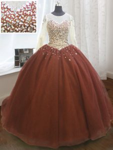 Sequins Scoop Long Sleeves Sweep Train Lace Up Sweet 16 Quinceanera Dress Burgundy Organza