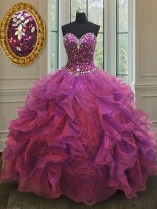Flare Floor Length Purple Quinceanera Dress Organza and Sequined Sleeveless Beading and Ruffles