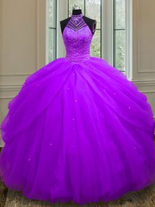 Customized Halter Top Floor Length Purple Quinceanera Dress Tulle Sleeveless Beading and Sequins