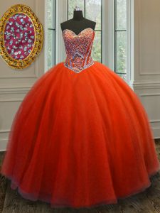 Tulle Sweetheart Sleeveless Lace Up Beading Quinceanera Gown in Red