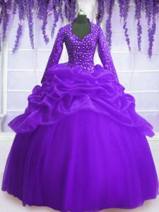 Stylish Sequins Pick Ups V-neck Long Sleeves Zipper Quince Ball Gowns Purple Organza