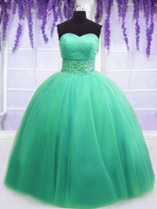 Sweetheart Sleeveless Sweet 16 Dress Floor Length Beading and Belt Turquoise Tulle