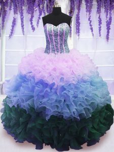 Artistic Multi-color Lace Up Quinceanera Dress Beading and Ruffles and Ruffled Layers Sleeveless Floor Length