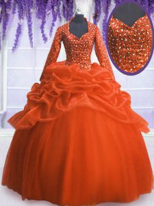 High End Orange Red Zipper Quinceanera Dress Sequins and Pick Ups Long Sleeves Floor Length