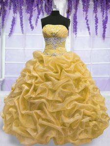Super Gold Sleeveless Beading Floor Length 15 Quinceanera Dress
