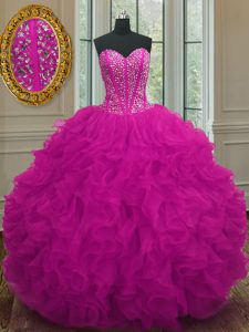 Designer Fuchsia Organza Lace Up Sweetheart Sleeveless Floor Length Quinceanera Dress Beading and Ruffles