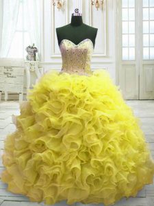 Free and Easy Sweetheart Sleeveless Sweep Train Lace Up 15 Quinceanera Dress Yellow Organza
