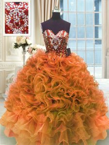 Sweetheart Sleeveless Quince Ball Gowns Floor Length Ruffles Orange Organza