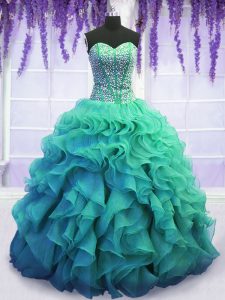 Organza Sweetheart Sleeveless Lace Up Beading and Ruffles 15th Birthday Dress in Turquoise