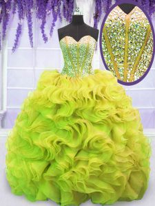 Cheap Yellow Green Ball Gown Prom Dress Organza Sweep Train Sleeveless Beading and Ruffles