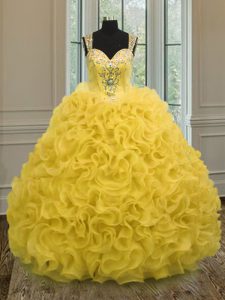 Gold Sweet 16 Dress Military Ball and Sweet 16 and Quinceanera and For with Beading and Ruffles Sweetheart Sleeveless Zi