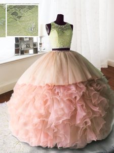 Customized Scoop Sleeveless Brush Train Zipper With Train Beading and Lace and Ruffles Vestidos de Quinceanera