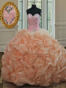 Peach Ball Gowns Organza Sweetheart Sleeveless Beading and Pick Ups Lace Up Ball Gown Prom Dress Sweep Train