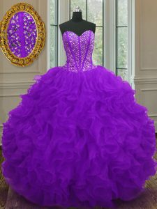 Organza Sweetheart Sleeveless Lace Up Beading and Ruffles Ball Gown Prom Dress in Purple