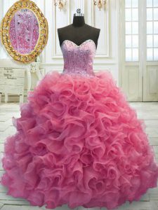 Glittering Sleeveless Mini Length Beading and Ruffles Lace Up Quinceanera Dresses with Rose Pink Sweep Train