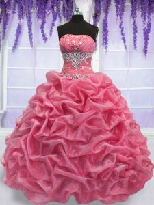 Beauteous Rose Pink Organza Lace Up Sweet 16 Dress Sleeveless Floor Length Beading
