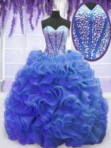 Classical Royal Blue Lace Up Sweetheart Beading and Ruffles Vestidos de Quinceanera Organza Sleeveless Sweep Train