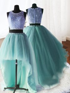 Three Piece Scoop Lace Apple Green Zipper Ball Gown Prom Dress Beading and Ruffles Sleeveless With Brush Train