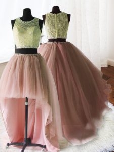 Perfect Three Piece Baby Pink Ball Gowns Scoop Sleeveless Organza and Tulle and Lace With Brush Train Zipper Beading and