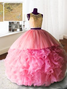 Customized Scoop Sleeveless 15th Birthday Dress With Brush Train Beading and Lace and Ruffles Rose Pink Organza and Tull