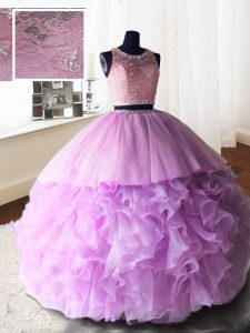 Lilac Organza and Tulle and Lace Zipper Scoop Sleeveless With Train Quinceanera Gown Brush Train Beading and Lace and Ru