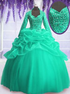 Glorious Sequins and Pick Ups 15th Birthday Dress Turquoise Zipper Long Sleeves Floor Length
