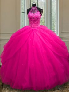 Halter Top Sleeveless Tulle Floor Length Lace Up Sweet 16 Dress in Hot Pink with Beading and Sequins